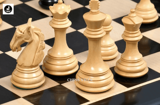 Combo of 3.8″ Columbian Knight Luxury Chess Set- Pieces in Ebonised Boxwood with 21" Ebony Wood Chessboard - Chess Villa