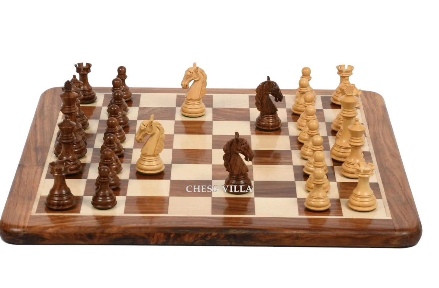 Combo of 3.8″ Columbian Knight Luxury Chess Set- Pieces in Golden Rosewood with 21" Golden Rosewood Chessboard - Chess Villa