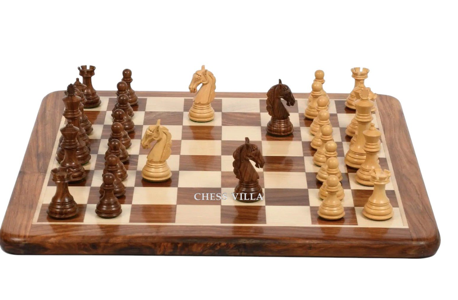Combo of 3.8″ Columbian Knight Luxury Chess Set- Pieces in Golden Rosewood with 21" Golden Rosewood Chessboard - Chess Villa