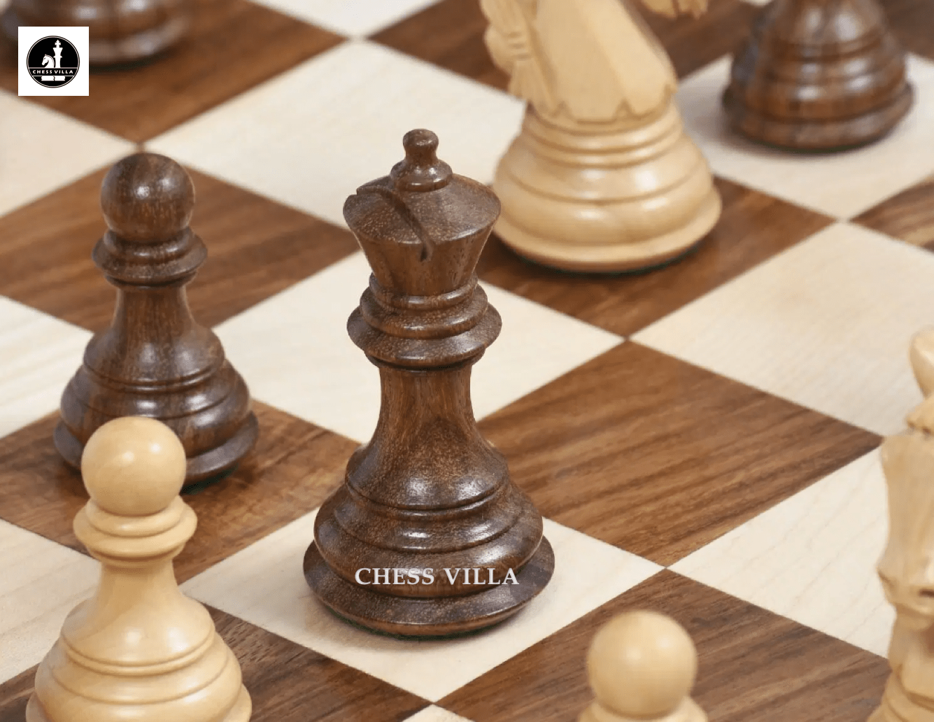 Combo of 3.8″ Columbian Knight Luxury Chess Set- Pieces in Golden Rosewood with 21" Golden Rosewood Chessboard - Chess Villa