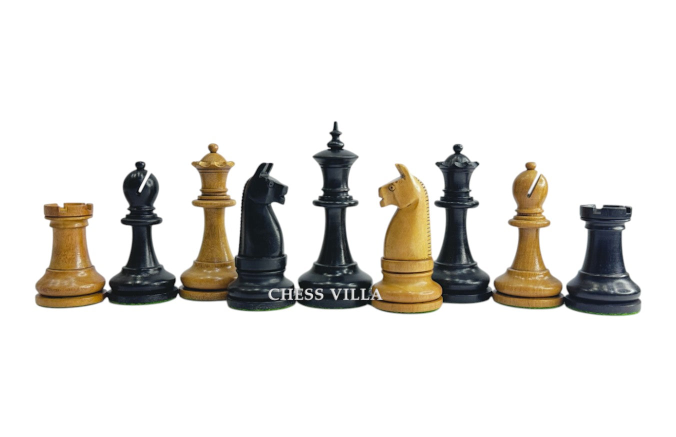 1900s' American Chess Company Reproduction Chess Set - Chess Pieces Only - Weighted Distressed Antiqued & Ebonised Boxwood- 3.8" King