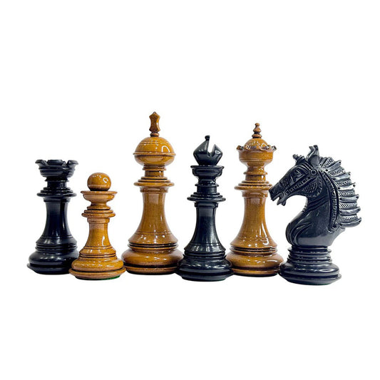 The Sikh Empire Series Handmade Luxury Chess Pieces Only Set - Triple Weighted Lacquered Distress Antiqued Boxwood & Ebony Wood - 4.5" King