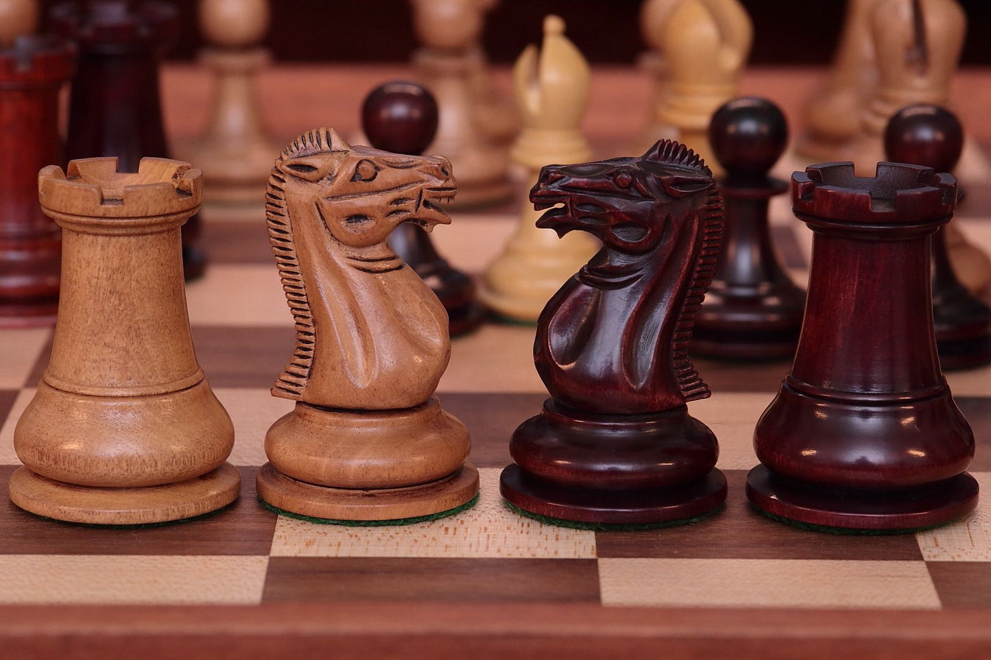 1849 Jaques Reproduction Staunton Chess Pieces Only set - Weighted Mahogany Stained & Distressed Boxwood- 3.75" King
