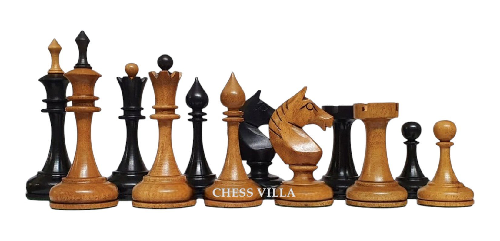 Soviet USSR 1970 Reproduced 4" Chess Pieces Only Set- Weighted Distressed and Ebony Wood - Chess Villa