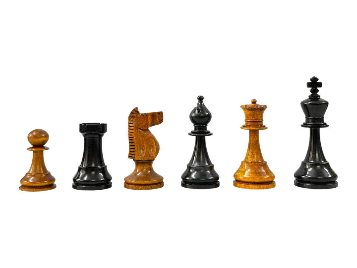 The 1973 Philippines Repro International Tournament Chess Pieces- 4.2" King- Weighted Ebonised & Distressed Antique - Chess Villa