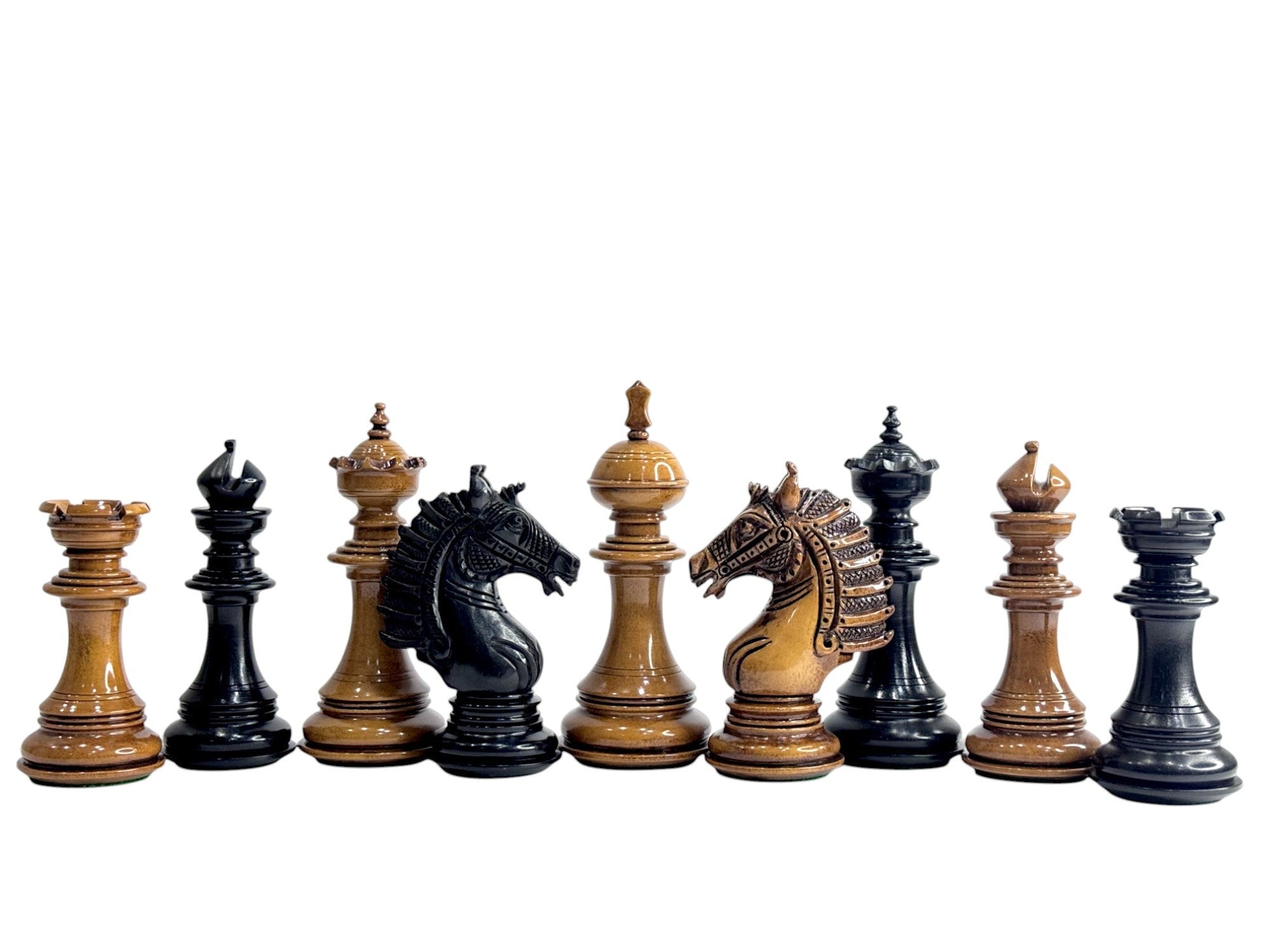 The Sikh Empire Series Handmade Luxury Chess Pieces Only Set - Triple Weighted Lacquered Distress Antiqued Boxwood & Ebony Wood - 4.5" King - Chess Villa
