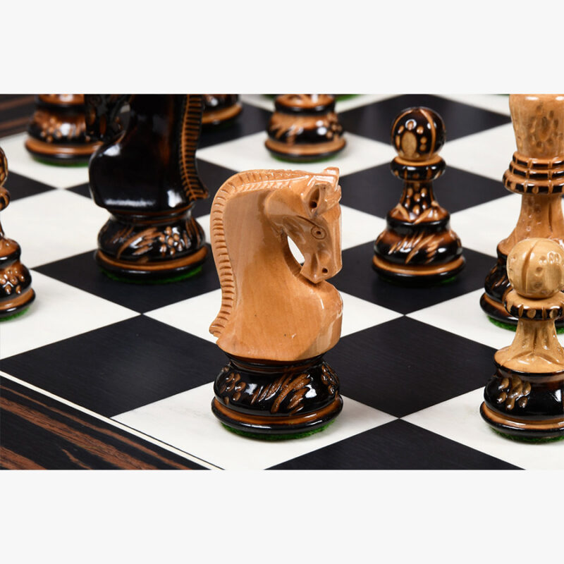 3.9 Russian Zagreb Chess Pieces Only set – Weighted Burnt Boxwood & Boxwood - Image 2