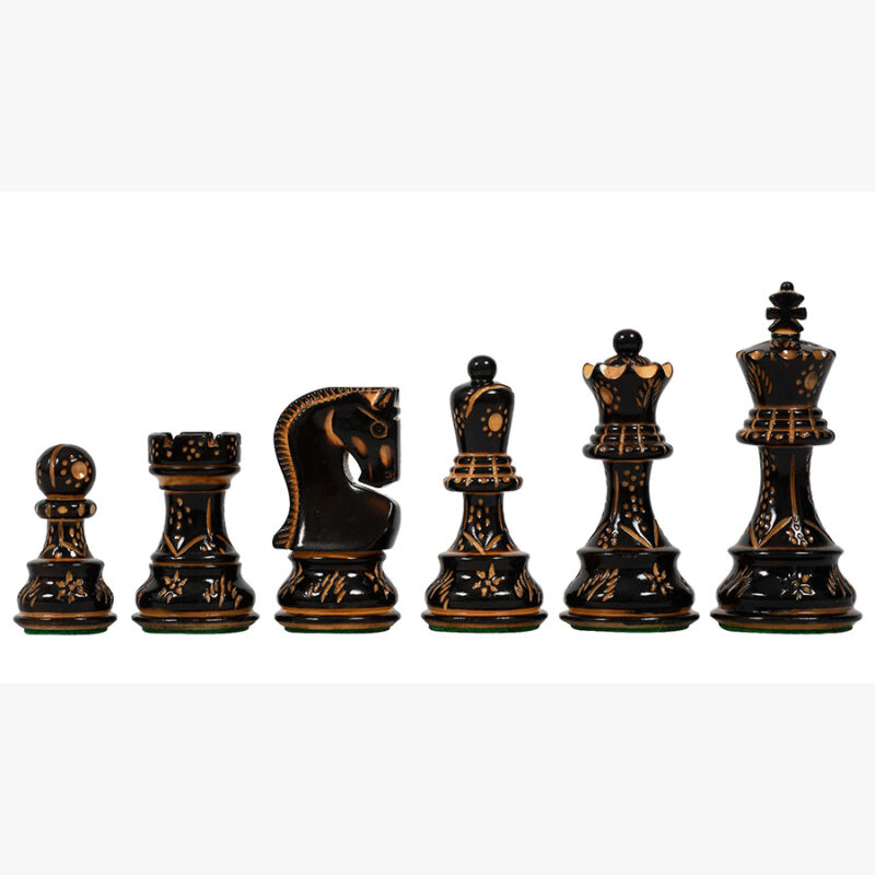 3.9 Russian Zagreb Chess Pieces Only set – Weighted Burnt Boxwood & Boxwood - Image 3