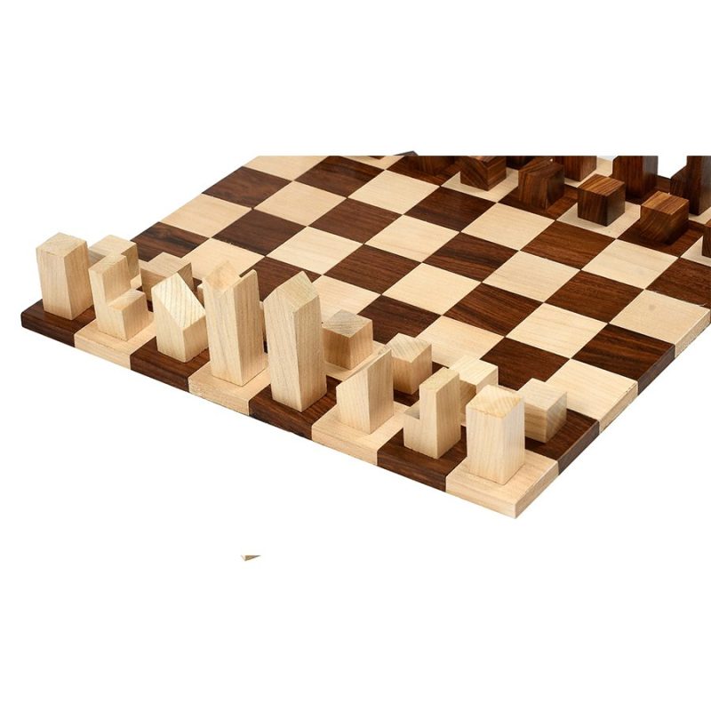 1966 Lanier Graham Reproduced Minimalist Chess Pieces Set In Golden Rosewood & Golden Rosewood Rolling Chess Board - Image 2