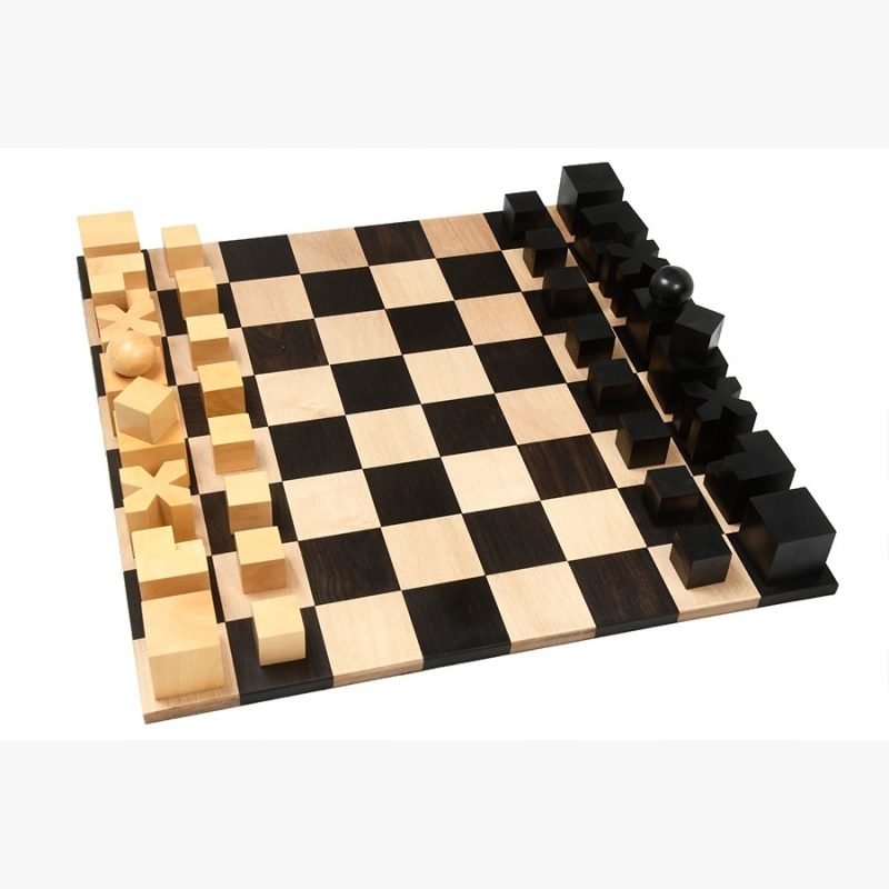 1924 Bauhaus Repro Geometrical Abstract Chessmen In Ebonised Boxwood With Chess Board - Image 2