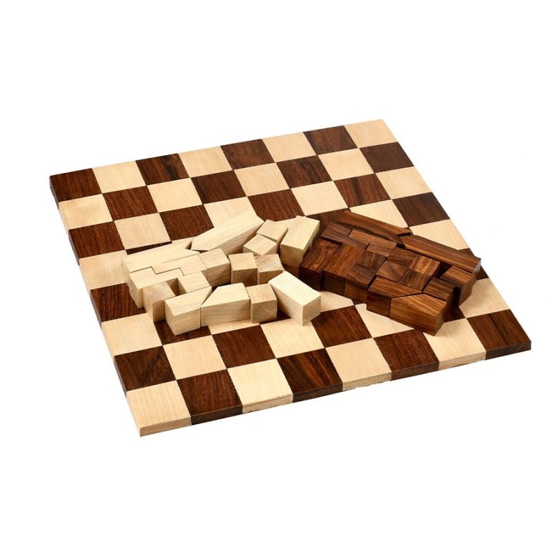 1966 Lanier Graham Reproduced Minimalist Chess Pieces Set In Golden Rosewood & Golden Rosewood Rolling Chess Board - Image 3