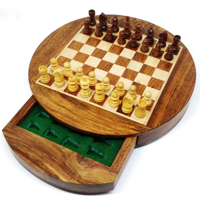 9" Round Magnetic Chess Set With Drawer- Golden Rosewood And Maple