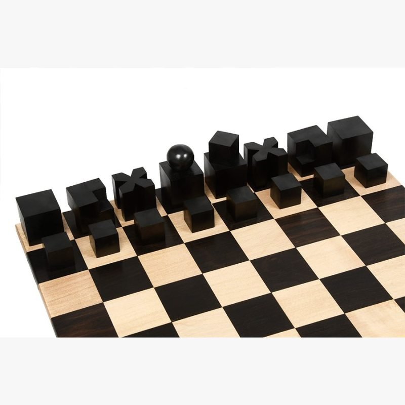 1924 Bauhaus Repro Geometrical Abstract Chessmen In Ebonised Boxwood With Chess Board - Image 3