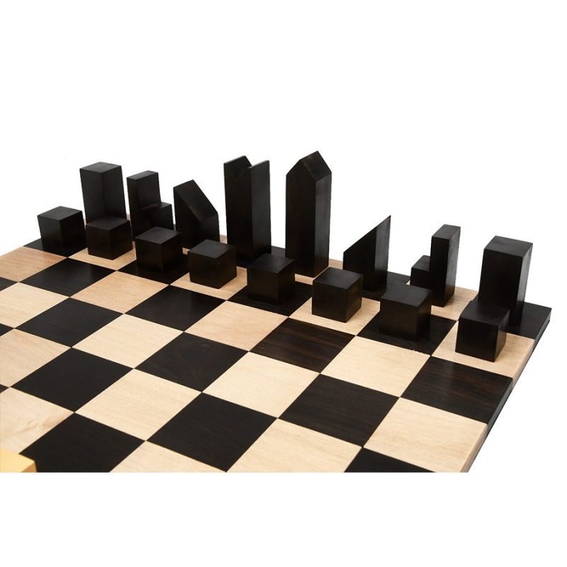 1966 Lanier Graham Reproduced Minimalist Chess Pieces Set In Ebonised Boxwood & Ebony Wood Rolling Chess Board - Image 2