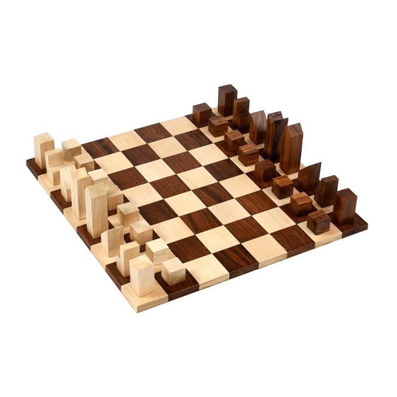 1966 Lanier Graham Reproduced Minimalist Chess Pieces Set In Golden Rosewood & Golden Rosewood Rolling Chess Board - Image 4