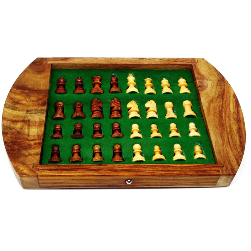 9" Round Magnetic Chess Set With Drawer- Golden Rosewood And Maple - Image 2