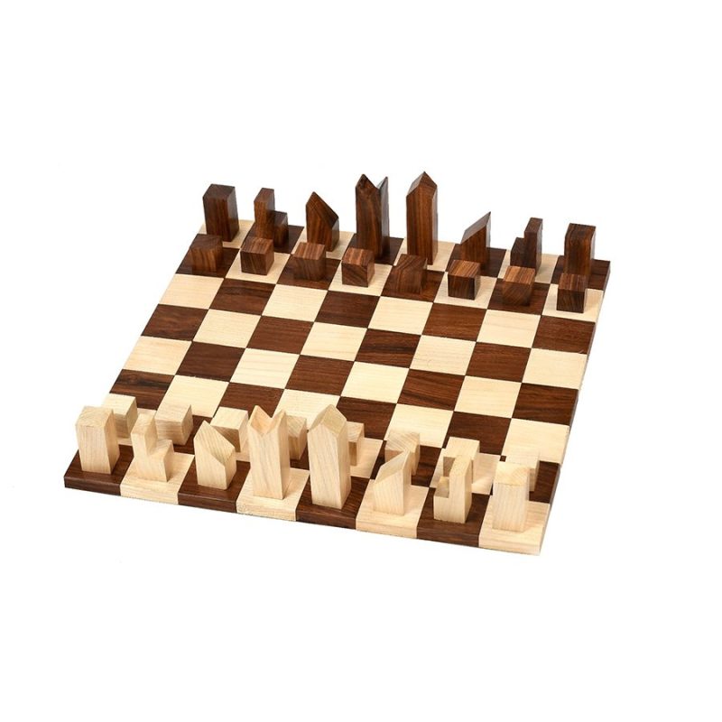 1966 Lanier Graham Reproduced Minimalist Chess Pieces Set In Golden Rosewood & Golden Rosewood Rolling Chess Board