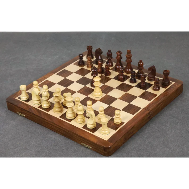 14" Large Rosewood & Maple Wooden Inlaid Magnetic Chess Set Board For Travel - Image 4