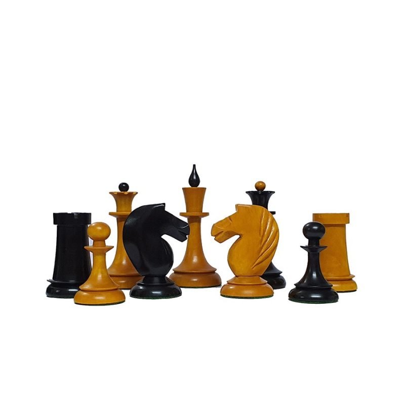 1950s Soviet Latvian Reproduced Chess Pieces Only Set- Weighted Ebonised Boxwood & Antique Boxwood