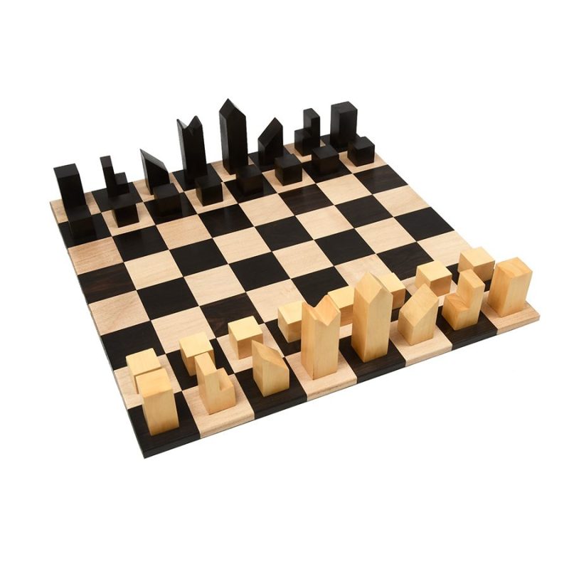 1966 Lanier Graham Reproduced Minimalist Chess Pieces Set In Ebonised Boxwood & Ebony Wood Rolling Chess Board