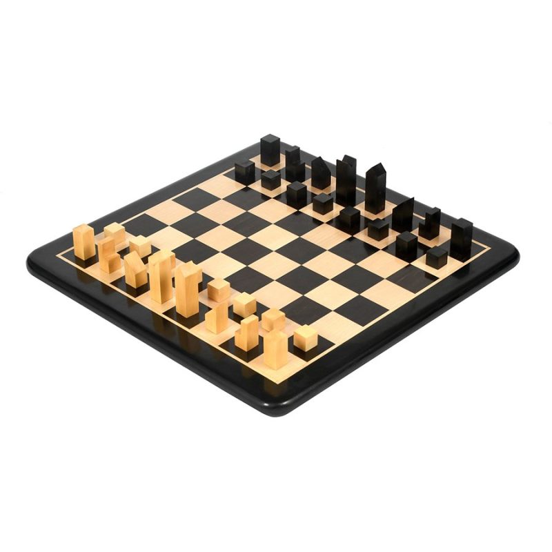 1966 Lanier Graham Reproduced Minimalist Chess Pieces Set In Ebonised Boxwood & 17" Ebony Wood Chess Board