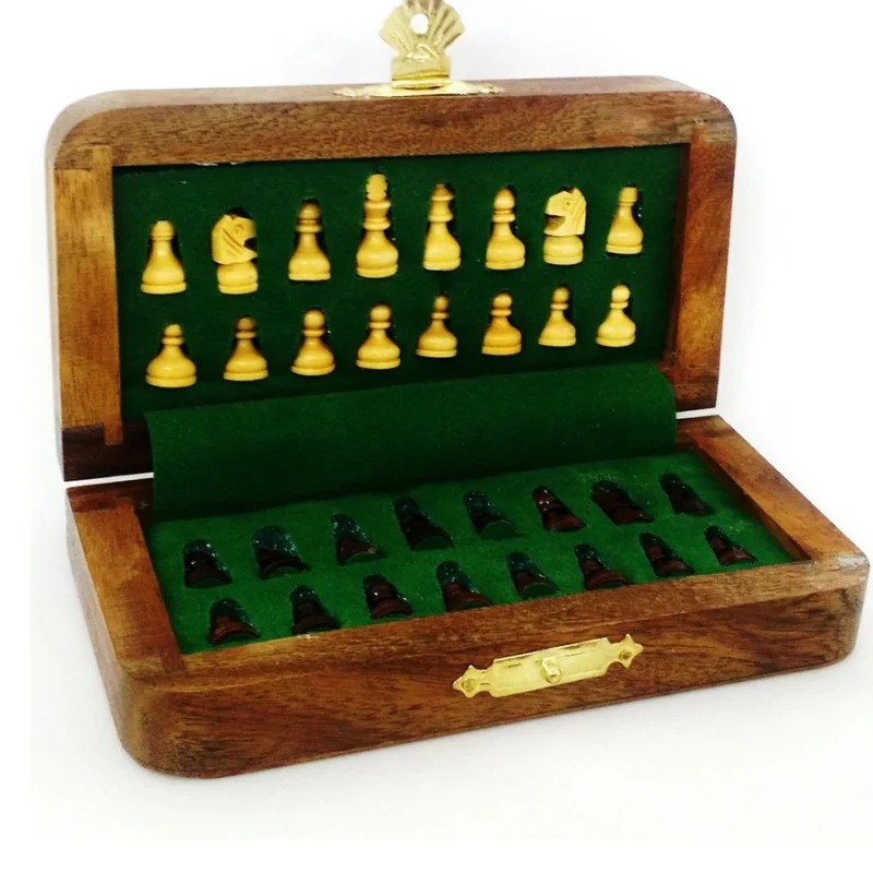 5" Wooden Inlaid Magnetic Travel Chess Set With Folding Board- Golden Rosewood And Boxwood - Image 2