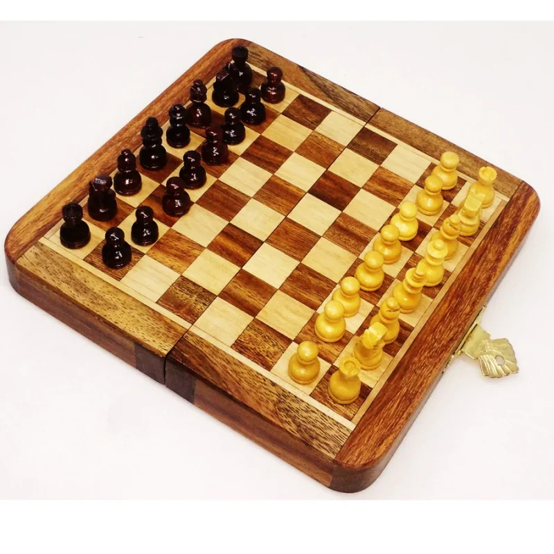 5" Wooden Inlaid Magnetic Travel Chess Set With Folding Board- Golden Rosewood And Boxwood