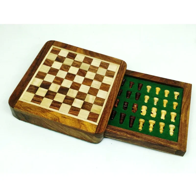 5" Magnetic Chess Set With Drawer- Golden Rosewood And Boxwood - Image 5